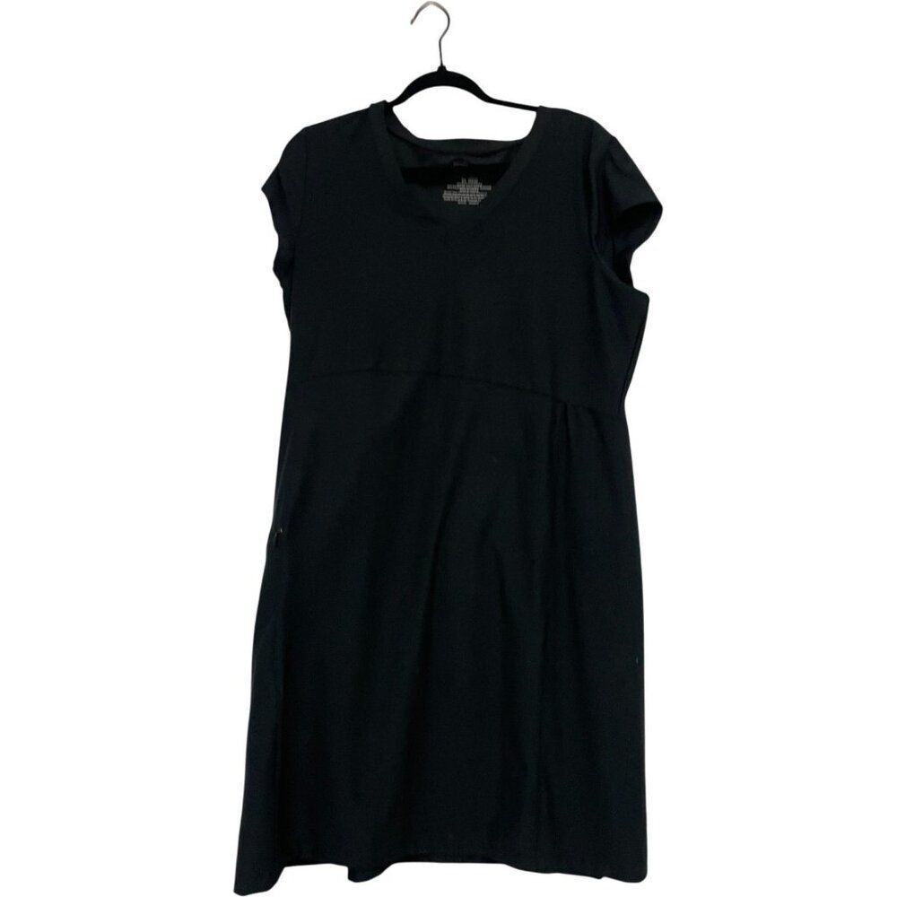 LL Bean Womens Shift Dress Size XL Reg Black V-Neck Short Sleeve Stretch NWOT